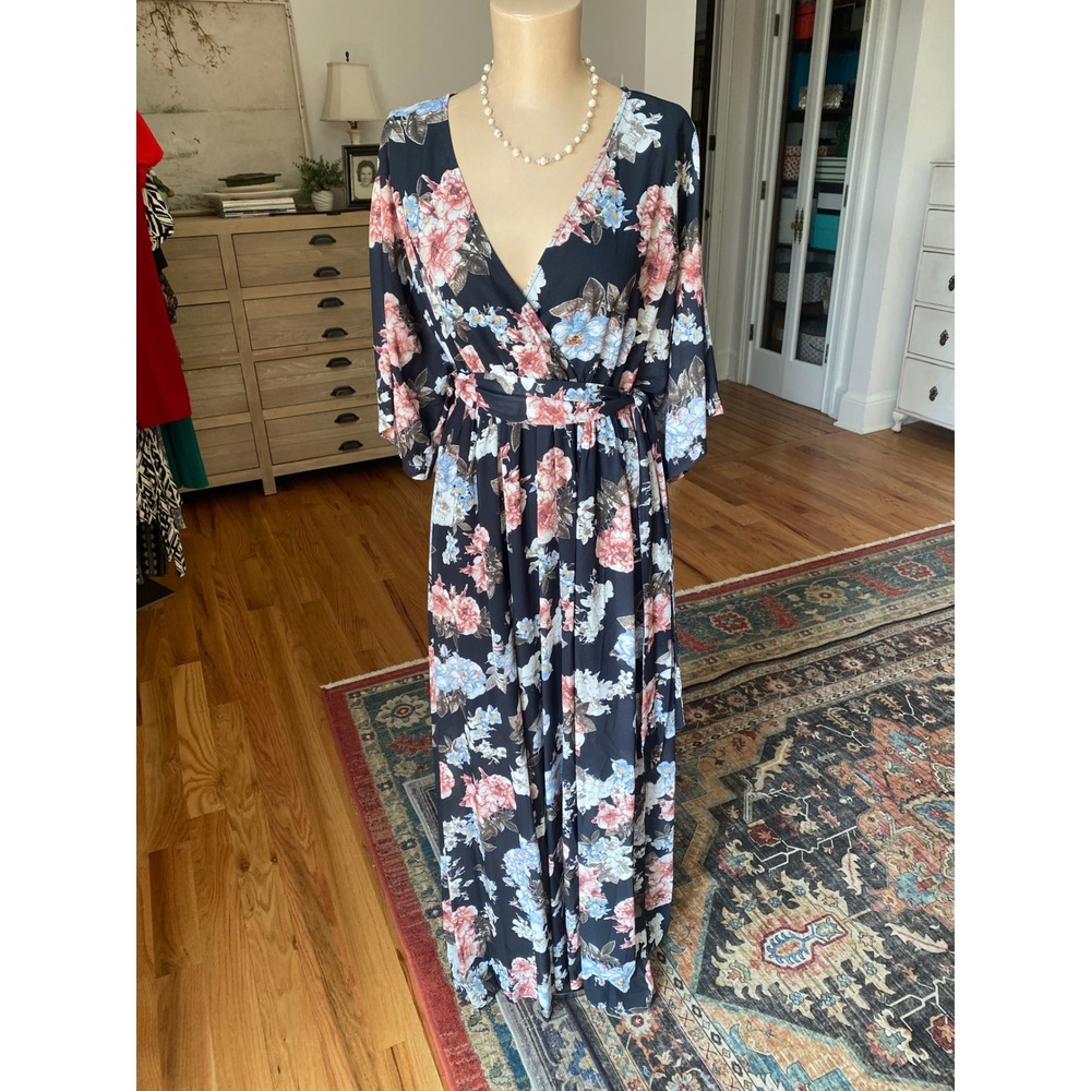 Navy‎ Blue Floral Wrap Maxi Dress 3/4 Sleeve V-Neck Medium